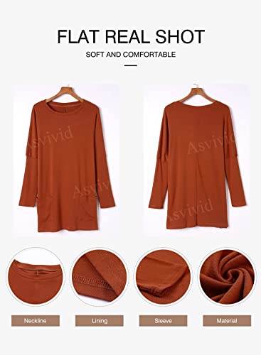 Asvivid Long Sleeve Long Tunic Tops For Women Crewneck Fall Shirts Casual Loose Flowy Pullover Pocket Maternity Blouses S Brown #TOP2