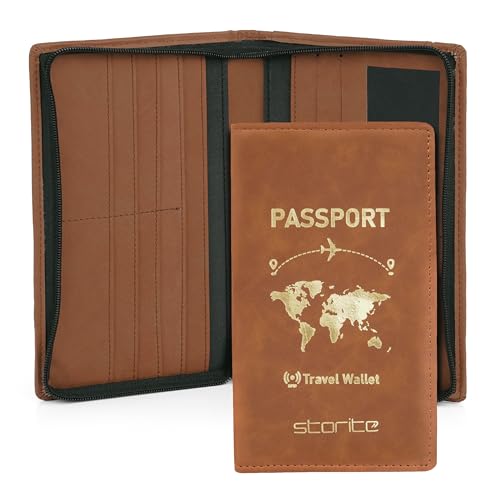 Image of Storite RFID Blocking PU Leather Passport Holder, 23x14x3 Cm Drak Brown | Cover Case, Travel Wallet, Document Organiser, Removable Hand Strap, For Men & Women