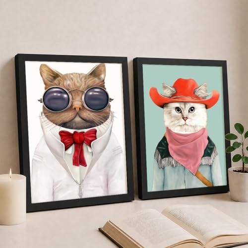 Image of PAINTINGMANTRA Cat & Dog Cartoon Wall Art Painting for Kids Room, Animal Framed Painting for Living Room, Playroom, kids room decoration items, Set of 2, 9x13 Inch