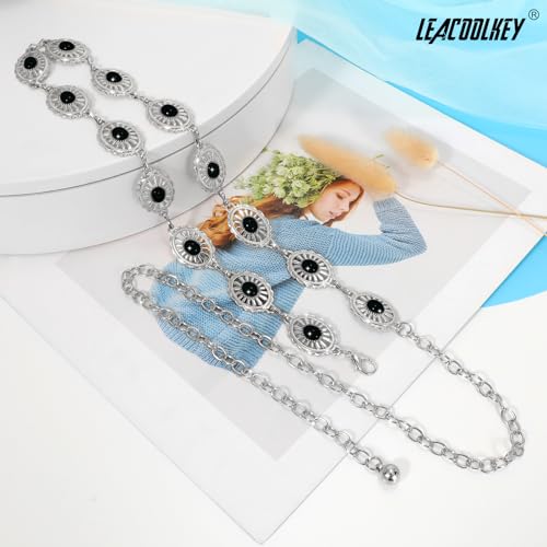Image of LEACOOLKEY Women Turquoise Concho Chain Waist Belt Silver Western Cowgirl Metal Chain Belt for Dress Adjustable
