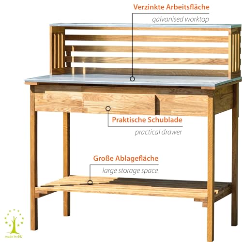 dobar® 29140FSCe XXL Premium Pflanztisch aus robustem Eichenholz | Gärtnertisch mit verzinkter Arbeitsfläche und Ablage | Wetterfester Outdoor Umtopftisch | 117 x 62 x 124 cm | Natur
