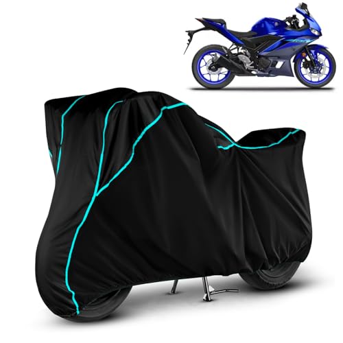 Image of Water Resistant Bike Cover Dustproof UV Protection Bike Body Cover for Yamaha YZF R3 All-Weather Protection with Aqua Blue Piping - (Black)