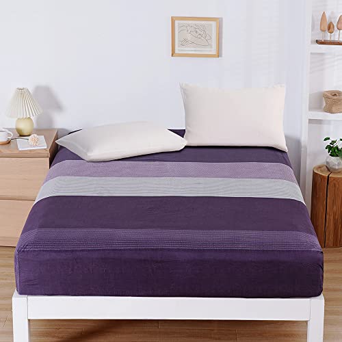 8Hmoon Stripe Fitted Bed Sheet Twin Size - Soft Microfiber, Wrinkle Free Sheet, Machine Washable, All-Round Elastic Deep Pocket Up To 16 Inch (Twin, Purple / Grey) #TOP5