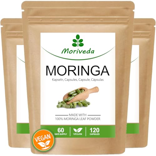 MoriVeda® - Cápsulas de Moringa 600mg o Moringa Energy Tabs 950mg - Oleifera, vegano (3x120 cápsulas)