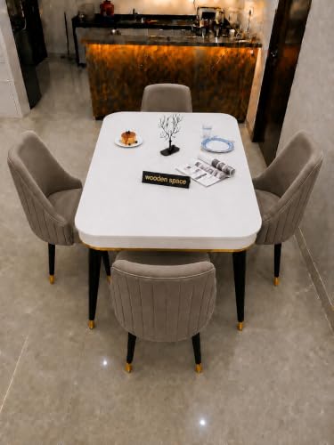 Image of WOODEN SPACE 4 Seater Wooden Dining Table Set | Urban Marble Top Dining Table with Chairs for Dining Room & Kitchen (Modern Infinity Brown) (54 x 36 x 30 inch)