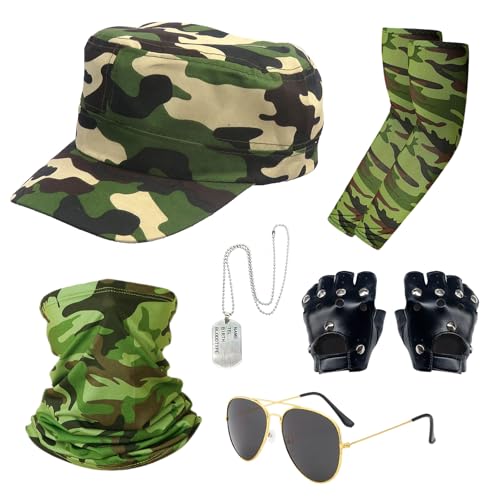 FUIPVGI 6 Piezas Halloween Disfraz Militar, Army Cosplay Accesorios de TáCtica Piloto Soldados, con mangas, Sombrero, Placa de Identificación, Gafas de Sol, guantes y pañuelo para la cara (Camuflaje)