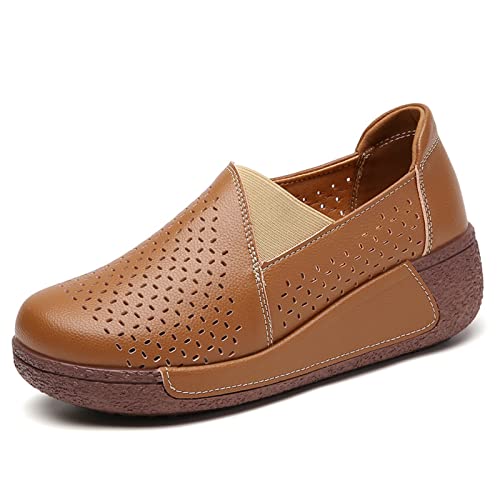 Image of Women's Round Toe Platform Wedge Slip On Loafers, Comfortable Genuine Leather Moccasin Low Top Casual Cutout Loafers.