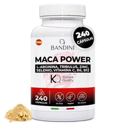 Bandini® MACA POWER 240 Cápsulas Veganas - Maca Negra Andina + Arginina Kyowa® + Tribulus + Vitamina C + B6 + B12 + Zinc y Selenio - Fórmula energizante pre-entrenamiento - Vitalidad y Potencia Física