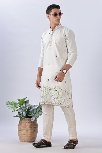 Image of BE ACTIVE Men's Cotton | Regular Fit Casual Mandarin Collar | Long Length Full Sleeves | Embroidered Indian Kurta