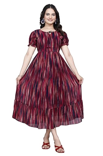 Image of Women Gown with Abstract Print | Georgette One Piece Dress with Puff Sleeves | Round Neck Tiered Midi Frock for Women | Ladies Western Maxi Dress