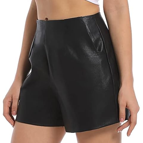Everbellus Women's High Waisted Faux Leather Shorts Pockets Wide Leg Shorts (Black#3, 40) Cover