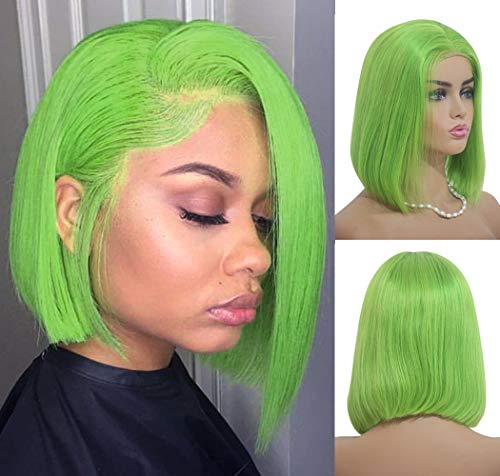 Benafee Lime Green Lace Front Human Hair Bob Wig Silky Straight Middle Part Short Bob Wigs Glueless Pre Plucked 180 Density Swiss Lace Remy Hair Bob Wig 10 Inch