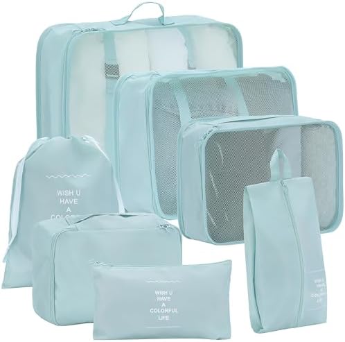 7 Set Packing Cubes for Travel, Gifts for Women Mom, Suitcase Organizer Bags for Luggage with Hanging Toiletry Bag and Shoe Bag, Vacation Essentials Travel Accessories Baby Blue