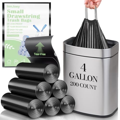 Image of 200 Count Small Drawstring Trash Bags for 4-Gallon (15 L) Trash Cans,Thick Pre-separated Garbage Bags, Mini Wastebasket can Liners for Bathroom Bedroom Office(Black)
