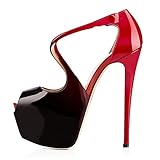  elashe Damen Peep Toe High Heels Plateau Stiletto 15cm Absatz Knöchelriemchen Pumps Schuhe Schwarz Rot EU38