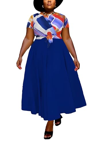 Image of Hostoyo Women Plus Size Formal A Line Maxi Dress Self Tie Waist with Pockets Elegant Round Neck Swing Long Dresses