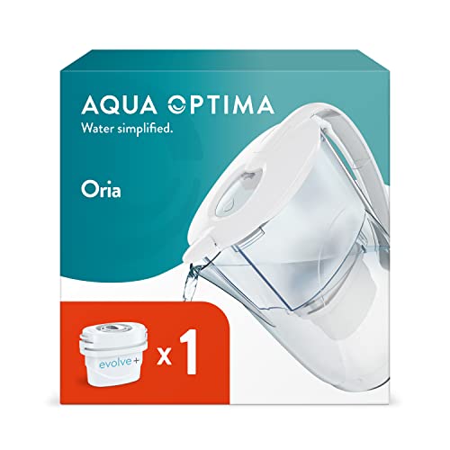 Aqua Optima Oria Caraffa Filtro Acqua e Cartucce Filtro Acqua 1 x 30 Giorni Evolve+, capacità 2,8 litri, per Riduzione di Microplastiche, Cloro, Calcare e Impurità, Bianco