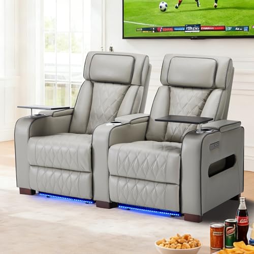 Image of GUEAPY Power Reclining Loveseat Home Theater Seating with Adjustable Headrest, Faux Leather Electric Recliner with LED Lighting, Cup Holders, USB Charging & Removable Tray Table, Row of 2