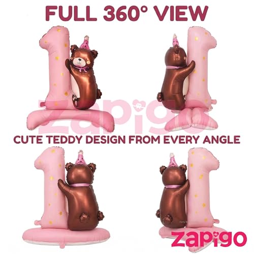 Image of Balloonistics Number 1 Self-Standing Pink Foil Balloon with Teddy Bear | 1st Birthday Baby Girl Decoration | First Birthday Pink Balloon | No Helium Needed
