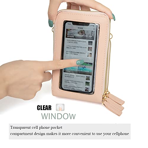 Image of myfriday Touch Screen RFID Phone Crossbody Purse with 2 Straps for Women | Clear phone window, RFID card space, 11 slots and zip pockets support quick calls, errands, theme parks and travel