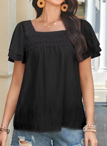 Womens Tops Summer Boho Blouses Short Sleeve Square Neck Crochet Lace Trim Casual Chiffon Shirts Double Layers4