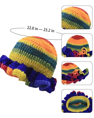 Image of Women Crochet Bucket Hat Cute Winter Ruffled Brim Floppy Cap Handmade Knit Cloche Hats