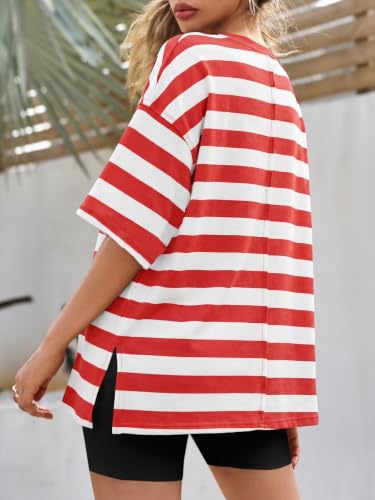 Image of Tankaneo Womens Oversized Tshirts Summer Casual Short Sleeve Crew Neck T Shirt Loose Fit Side Slit Tee Tops
