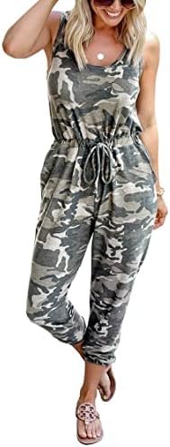 KIRUNDO 2023 Women's Summer Jumpsuits Casual Sleeveless Jumpsuit Drawstring Waist Long Pant Romper Pajama with Pockets(Medium, Camouflage)