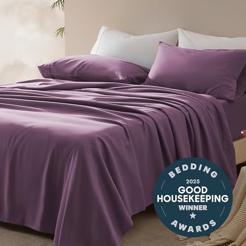 SLEEP ZONE Nanotex Super Soft Cooling Queen Bed Sheets Set 4 Piece - Easy Care Fitted Flat Sheet & Pillowcase Sets - Wrinkle Free, Fade Resistant, Deep Pocket 16" (Purple, Queen)
