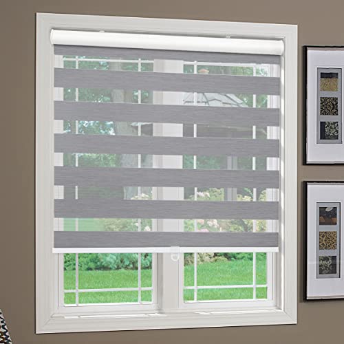 Cordless Blackout Zebra Roller Blinds for Windows, Custom Size Horizontal Window Blinds Shades, Dual Layer Pricacy Light Control Day and Night Roller Shades, (95% Darkness Grey, 24 1/2