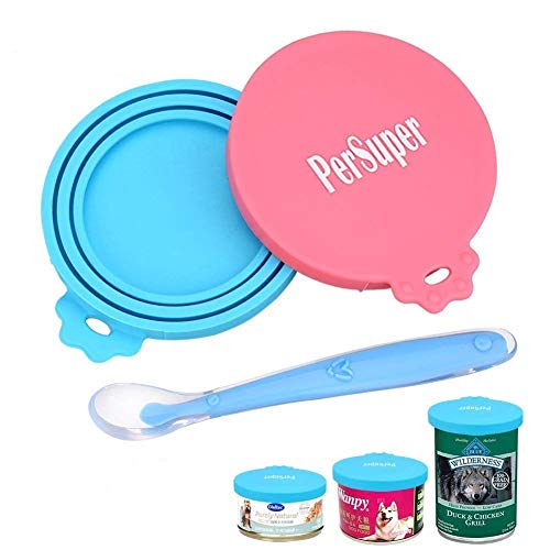 PERSUPER Pet Can Covers Scoop Packaging - 1 Spoon + 2 Pack Universal BPA Free Silicone Pet Food Can Multiple Sizes Lid Covers, One Size Fits All Standard Size Dog and Cat Can Tops