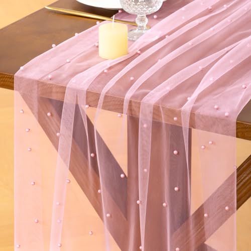 Socomi Pearl Table Runner Tulle Pink Summer Cheesecloth 10FT Gauze Cheese Cloth Sheer Chiffon Dining Wedding Birthday Party Baby Shower Bridal Anniversary Holiday Centerpiece Table Decor