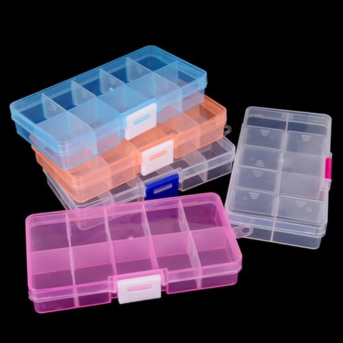 Image of 4 Pcs 10 Grids Removable Plastic Jewelry Boxes Clear Bead Storage Boxes Small Item Organizer Boxes Adjustable Divider Boxes Containers for Craft White Pink