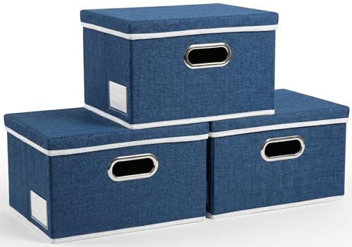 Image of PRANDOM Storage Bins with Lids [3-Pack] Linen Fabric Foldable Storage Boxes Organizer Containers Baskets Cube with Cover for Bedroom Closet Office Royal Blue（11.4X8.6X6.7