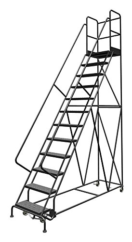 Image of Tri-Arc KDSR112246-D3 12-Step 30 inch Deep Top Steel Rolling Industrial & Warehouse Ladder with Handrails, 24 inch Wide Perforated Tread