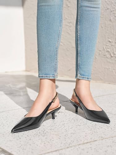 Coutgo Womens Slingback Kitten Heels Closed Pointed Toe Pumps Dress Work Shoes with Gold Chian3