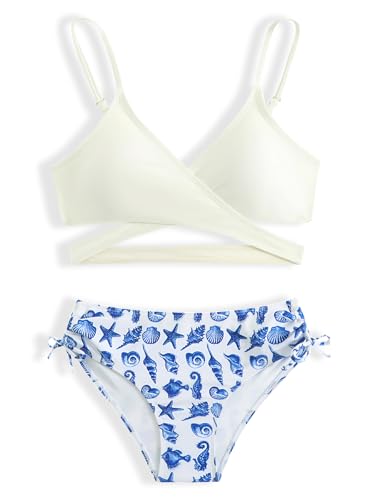 MIENOE Tween Girls' Bikini Set Two-Piece Swimsuit with Removable Chest Pads, Cute Criss-Cross V-Neck, White Top & Blue Sea Creature Print Bottom, Size 10-11 Years