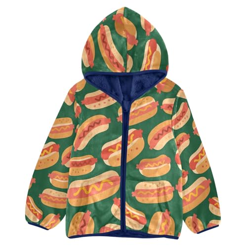 Hotdog Pattern on Green Background Toddler Fleece Jacket Girl Boys Hooded Fleece Jacket Coat Warm