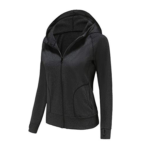 DancingCat Women's Workout Yoga Sports Hoodies Active Full Zip Up Running Track Jacket with Thumb Holes Black S