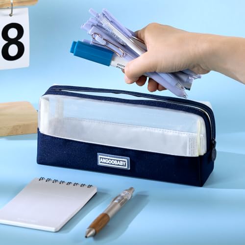 Image of ANGOOBABY Mesh Pencil Bag Clear pencil case Zipper Pouch Bags Multifunctional Pencil Holder for Students, Small Makeup Bag Suitable for Teen Girls & Boys (Navy)