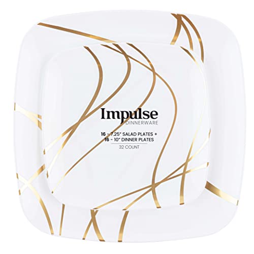 PLASTICPRO Square 32 Piece Combo Plates Set includes 16 x 7'' inch Salad Plates & 16 x 10'' inch Dinner Plates White Plastic with Gold impulse Design Party Plates, heavyweight Dishes,