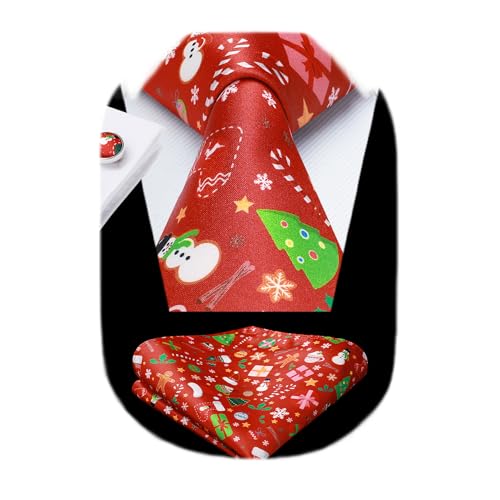 Image of HISDERN Christmas Ties for Men Holiday Tie and Pocket Square Cufflinks Festival Party Xmas Funny Silk Woven Necktie