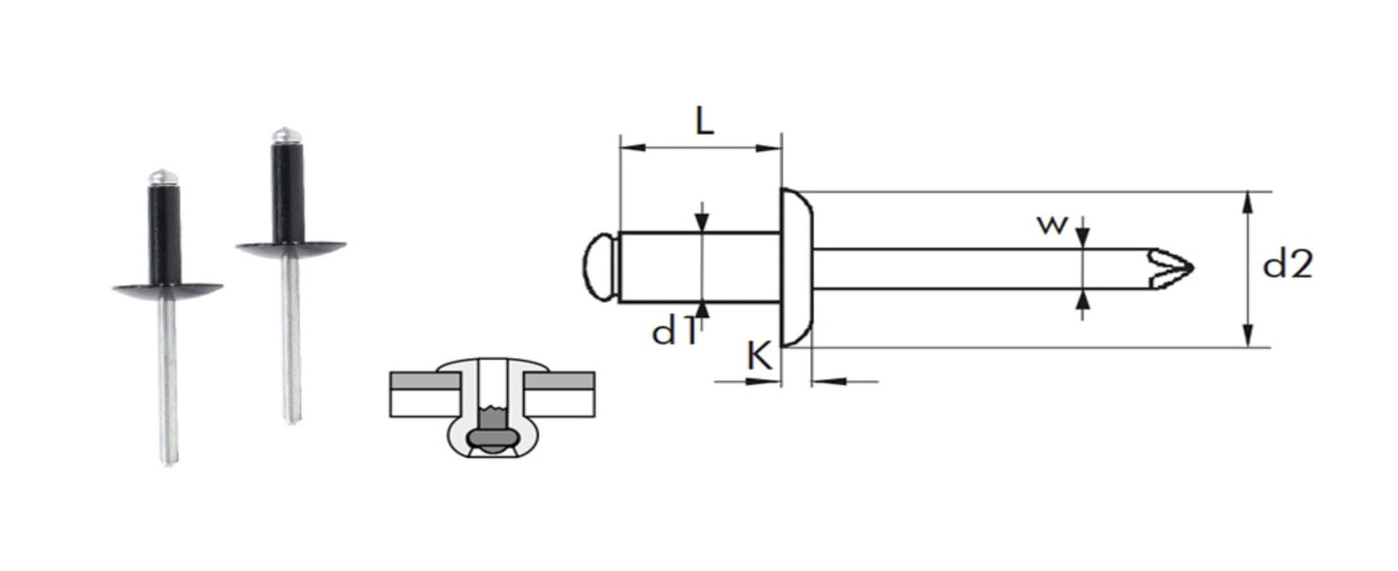 50 Stück Aluminium Stahl Großflanschkopf Schwarz Blindnieten 3,2/4 / 4,8 X 8 10 12 14 16 20 MM(50Pcs,4.8x16x16mm)