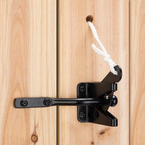Image of 2 Pcs Self Locking Heavy Duty Gate Latch Automatic Gravity Lever for Wooden Fence with Longer Fasteners, Door Latches with Pull String, Steel, Black