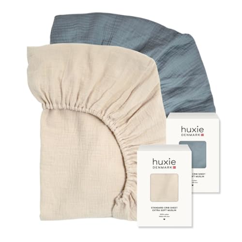 Image of Crib Sheets – Organic Cotton Muslin Fitted Crib Sheet – Standard Size for Baby Boy and Baby Girl 28" x 52" Ultra-Soft and Breathable. 2-Pack (Fog/Tradewinds)