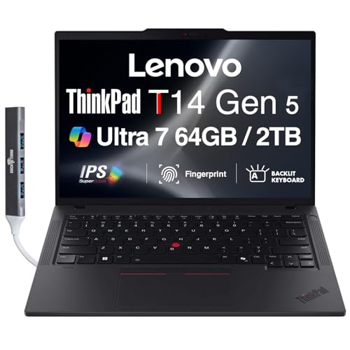 Image of Lenovo ThinkPad T14 Gen 5 AI Business Laptop 14.0 inch IPS FHD+ (Intel Core Ultra 7 155U(>i7-13700H), 64GB DDR5, 2TB SSD, Copilot, Backlit KB, Fingerprint, 2 Thunderbolt 4, 5MP Webcam, DKZ Hub, Win11P)