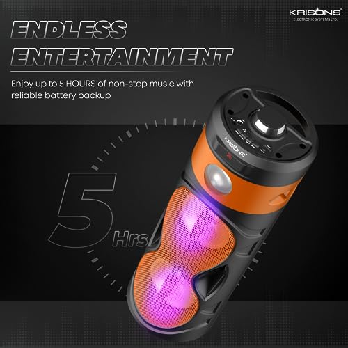 Image of Krisons Cylender 111 50W Portable Speaker with 4 inch Double Woofers,Free Wired Mic for Karaoke, in Built Torch, Remote Control with Bluetooth, FM, USB, Micro SD Card Connectivity (Orange)
