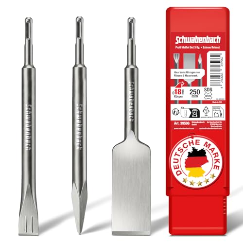 SCHWABENBACH SDS Plus Meißel Set 3-tlg. 250mm Fliesenmeißel 40mm extra langer Kopf Flachmeißel 25mm Spitzmeißel SDS Meißel für Bohrhammer