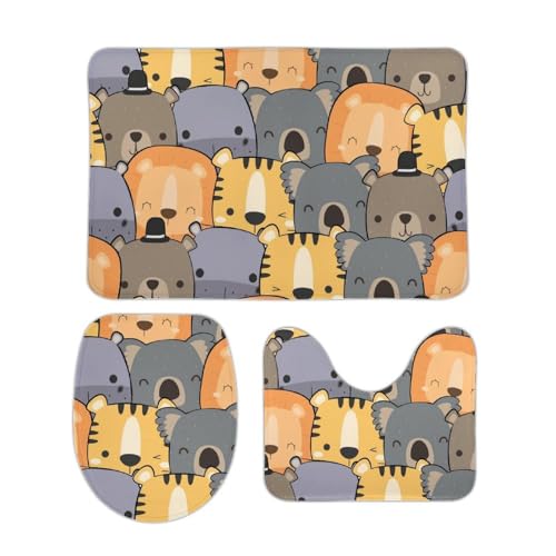 トイレマット 3点セット ライオン コアラ カバ 虎 クマ 動物柄 可愛い フタカバー 便座カバー 洗える お風呂マット ふわふわ 滑り止め U型 O型 兼用 ズレない おしゃれ 吸水速乾 50cm x 80cm