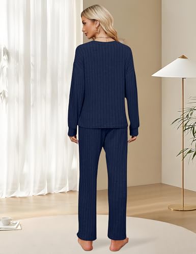 Image of Blooming Jelly Women Ribbed Long Sleeve Pajama Sets Fall Loungewear Pockets